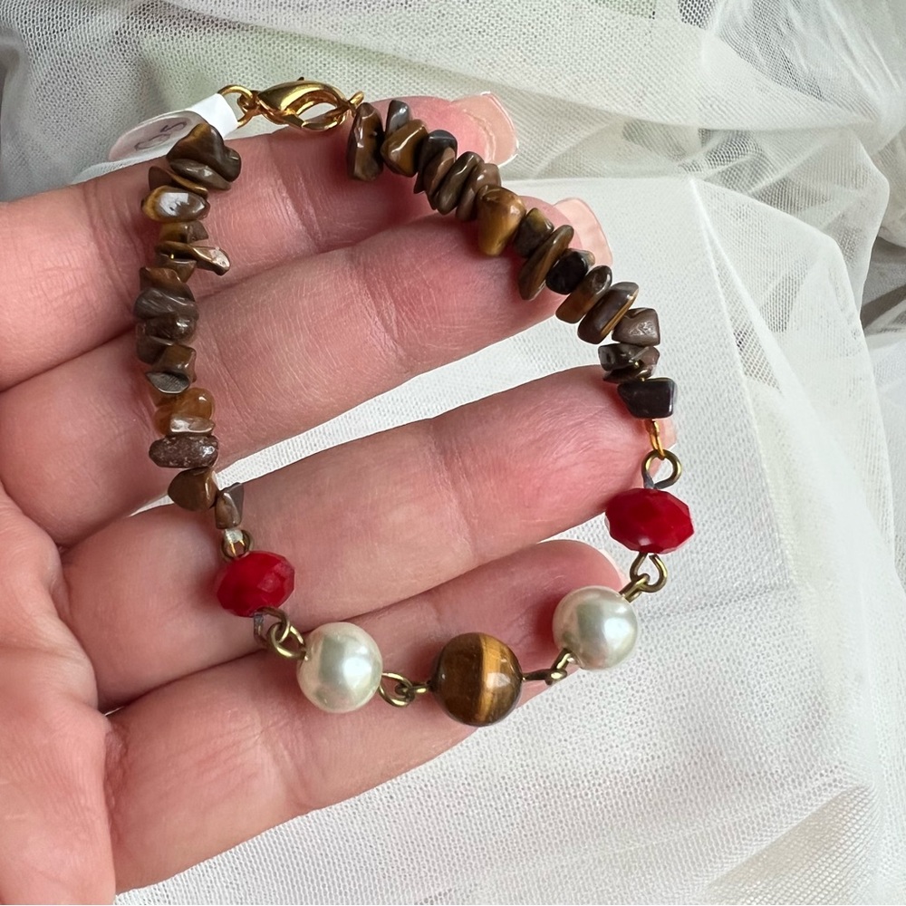 Genuine Tiger Eye Gemstone Faux Pearl & Red Crystal Bracelet - Handmade NWT - Picture 3 of 5